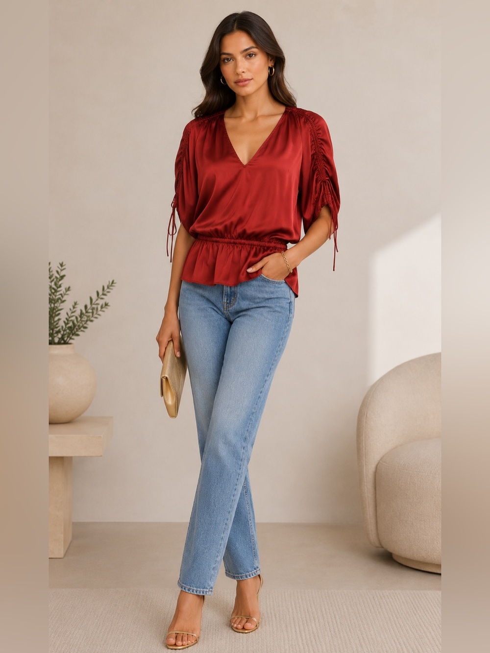 Ramy Brook Rust Satin V-Neck Blouse – Size L